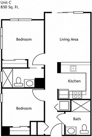 Two Bed One Bath Floor Plan at Cogir of Queen Anne, Seattle, 98109